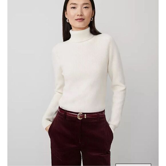 ANN TAYLOR $179 Cashmere Ribbed Turtleneck Sweater cream XSP NEW - Picture 1 of 7